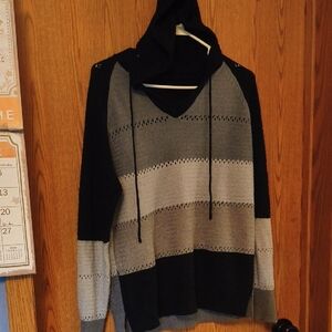 Elegant Black and Gray Striped V-Neck Sweater